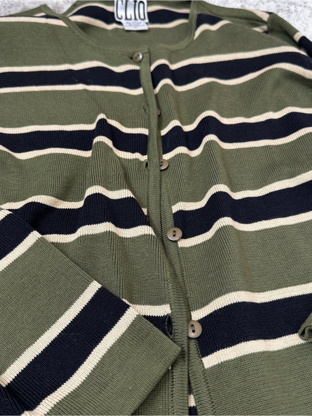 CLIO Olive Striped Button-Up Women’s Sweater